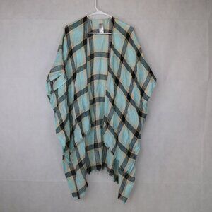 Free People Reverie Kimono Women's One Size Blue Plaid Linen Hi-Lo Wrap Boho